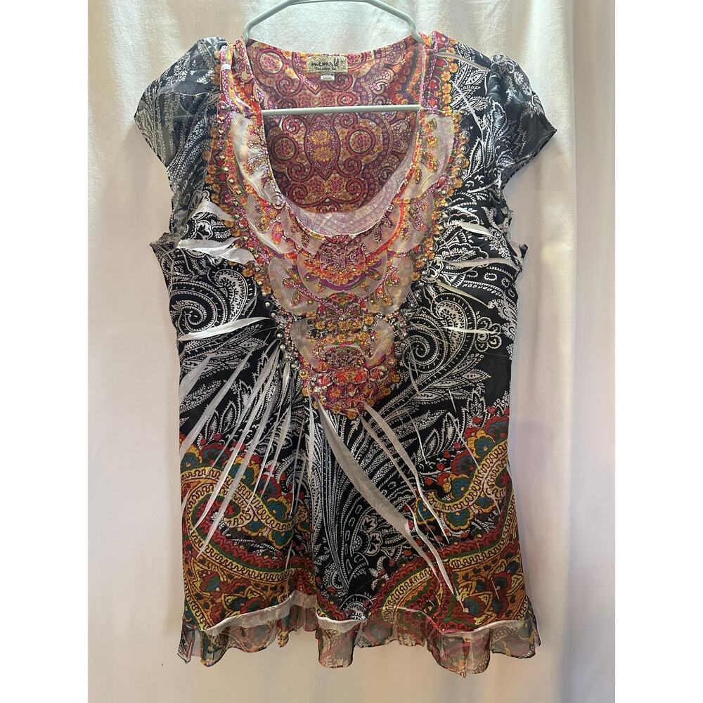 ONE WORLD Black Paisley Multicolor Embellished Scoop-Neck Blouse